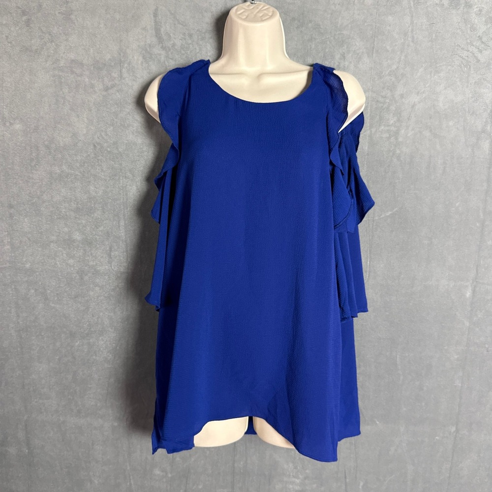 Umgee Royal Blue Cold Shoulder Top L NWT Ruffle Blouse Cotton Blend Minimalist